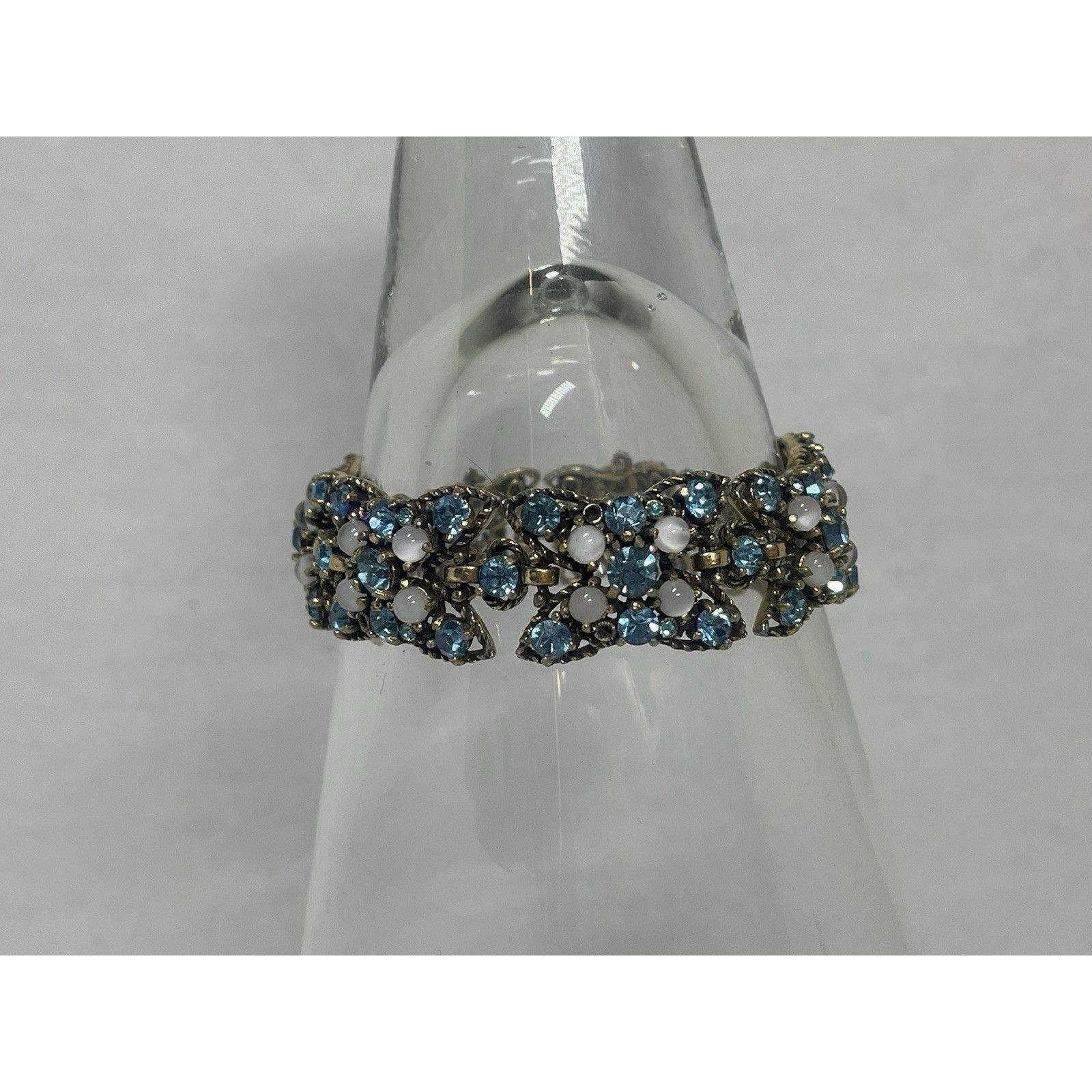 Vintage Hollycraft Copr 1950 Blue Paste Rhinestone Panel Link Bracelet Goldtone